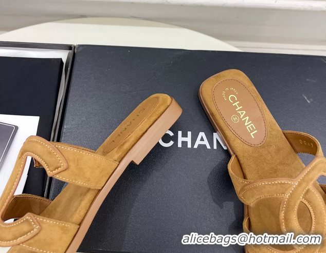 Comfortable Chanel Large CC Logo Brown Suede Leather Flat Thong Sandals 6052106