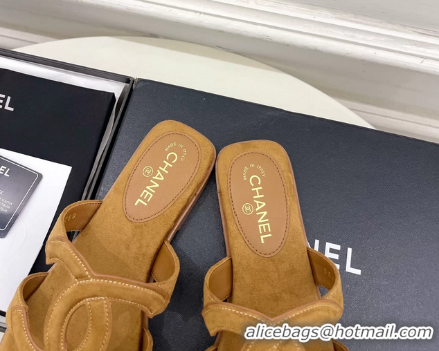 Comfortable Chanel Large CC Logo Brown Suede Leather Flat Thong Sandals 6052106