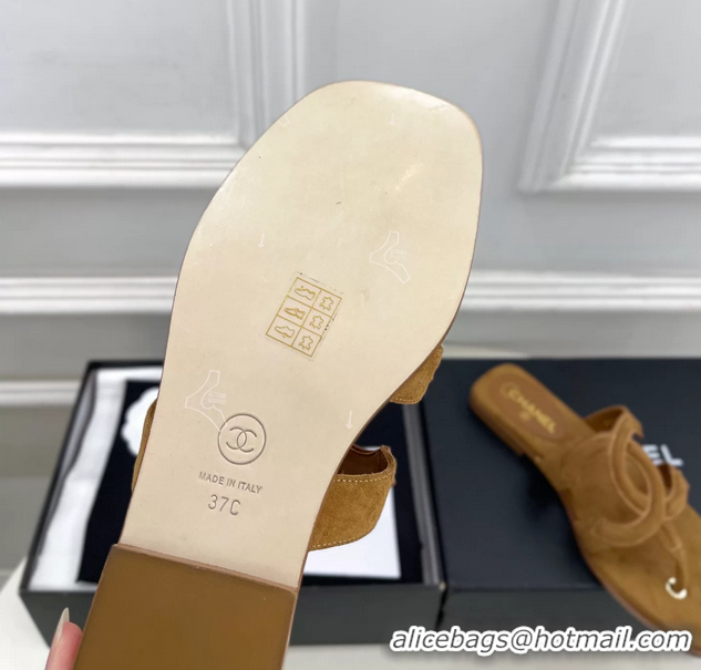 Comfortable Chanel Large CC Logo Brown Suede Leather Flat Thong Sandals 6052106