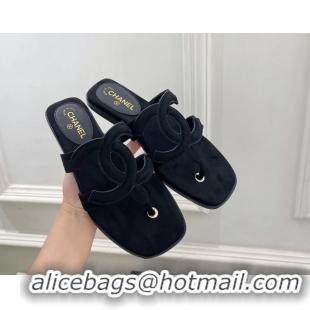 Generous Chanel Large CC Logo Black Suede Leather Flat Thong Sandals 6052106