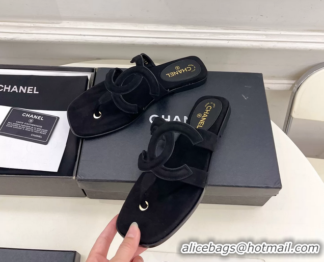 Generous Chanel Large CC Logo Black Suede Leather Flat Thong Sandals 6052106
