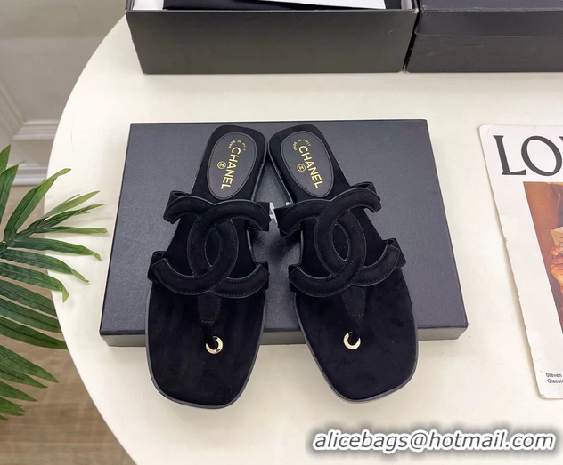Generous Chanel Large CC Logo Black Suede Leather Flat Thong Sandals 6052106