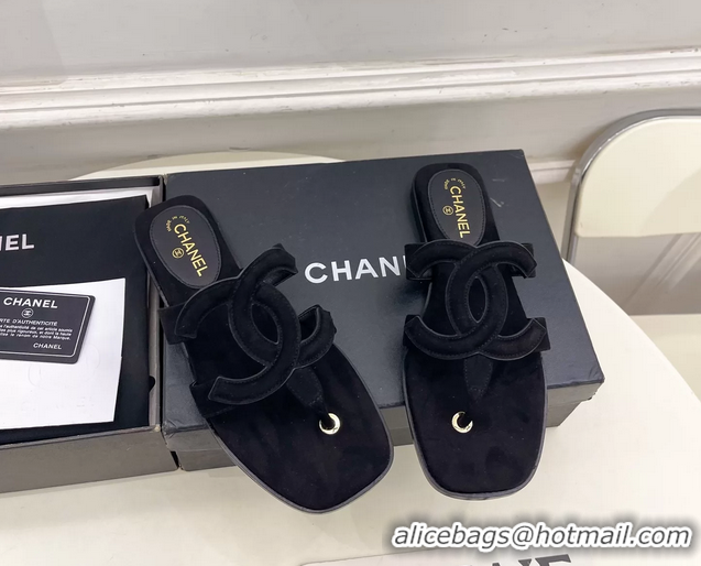 Generous Chanel Large CC Logo Black Suede Leather Flat Thong Sandals 6052106