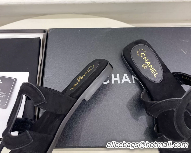 Generous Chanel Large CC Logo Black Suede Leather Flat Thong Sandals 6052106