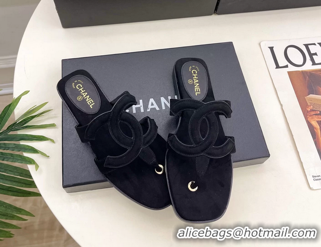 Generous Chanel Large CC Logo Black Suede Leather Flat Thong Sandals 6052106