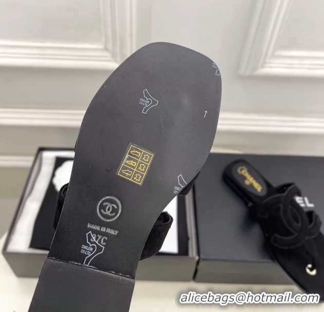 Generous Chanel Large CC Logo Black Suede Leather Flat Thong Sandals 6052106