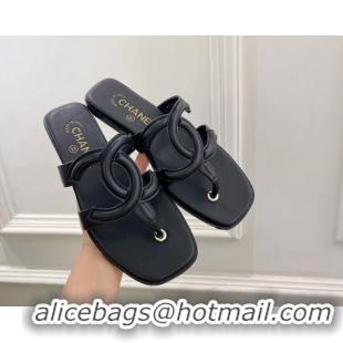 Original Cheap Chanel Large CC Logo Black Leather Flat Thong Sandals 6052106