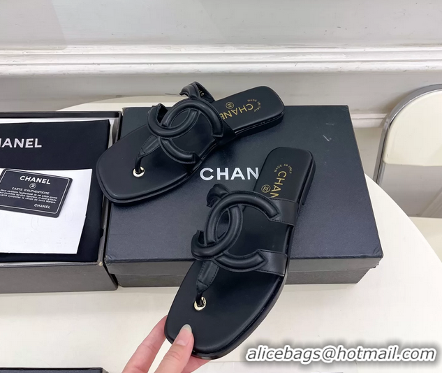 Original Cheap Chanel Large CC Logo Black Leather Flat Thong Sandals 6052106