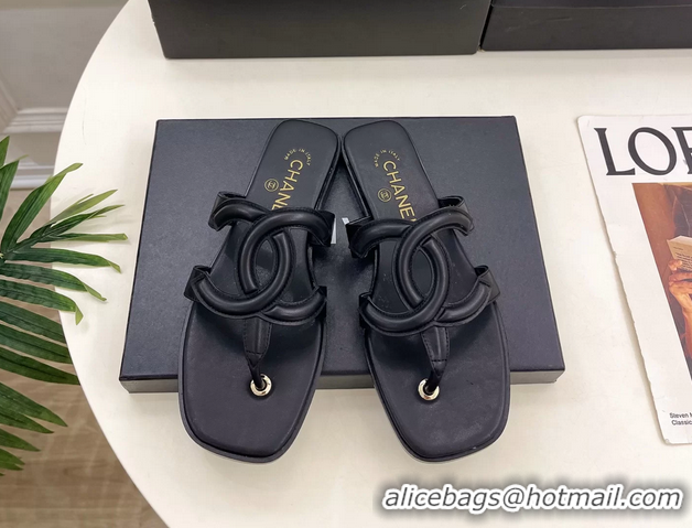 Original Cheap Chanel Large CC Logo Black Leather Flat Thong Sandals 6052106