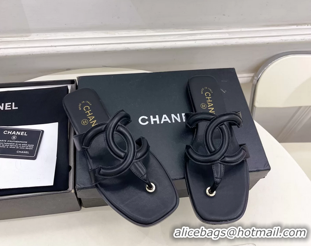 Original Cheap Chanel Large CC Logo Black Leather Flat Thong Sandals 6052106