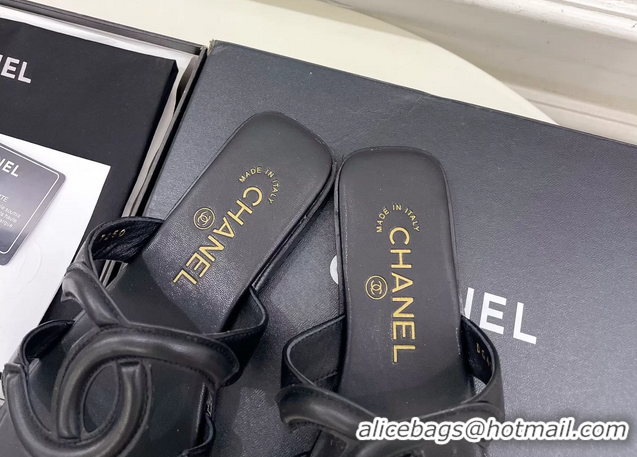 Original Cheap Chanel Large CC Logo Black Leather Flat Thong Sandals 6052106