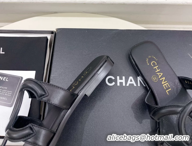 Original Cheap Chanel Large CC Logo Black Leather Flat Thong Sandals 6052106