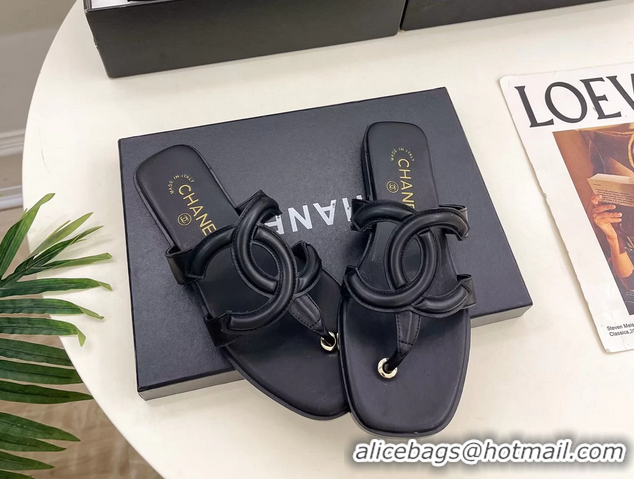 Original Cheap Chanel Large CC Logo Black Leather Flat Thong Sandals 6052106
