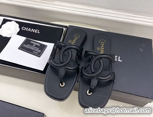 Original Cheap Chanel Large CC Logo Black Leather Flat Thong Sandals 6052106