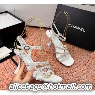 Big Discount Chanel White Suede Leather High Heeled Sandals with Studded 6052107