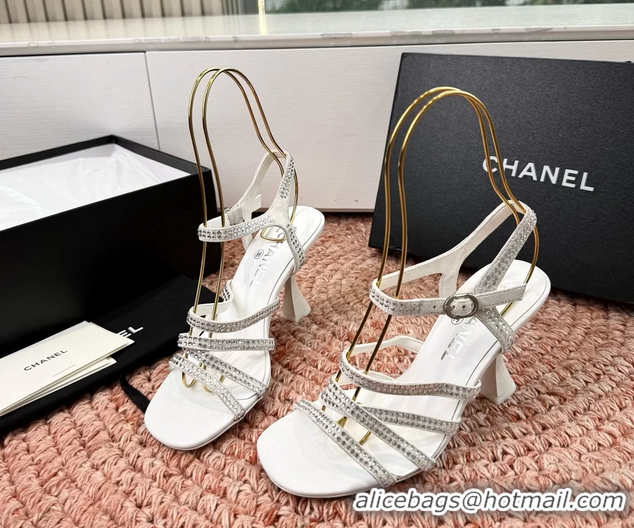 Big Discount Chanel White Suede Leather High Heeled Sandals with Studded 6052107