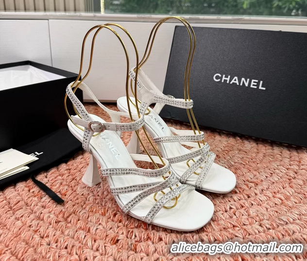 Big Discount Chanel White Suede Leather High Heeled Sandals with Studded 6052107