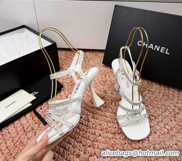 Big Discount Chanel White Suede Leather High Heeled Sandals with Studded 6052107