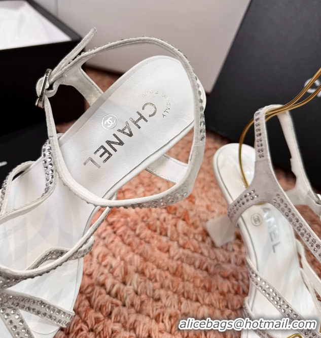 Big Discount Chanel White Suede Leather High Heeled Sandals with Studded 6052107