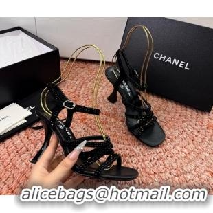 Stylish Chanel Black Suede Leather High Heeled Sandals with Studded 6052107