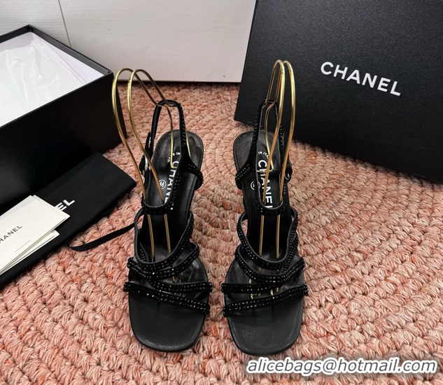 Stylish Chanel Black Suede Leather High Heeled Sandals with Studded 6052107