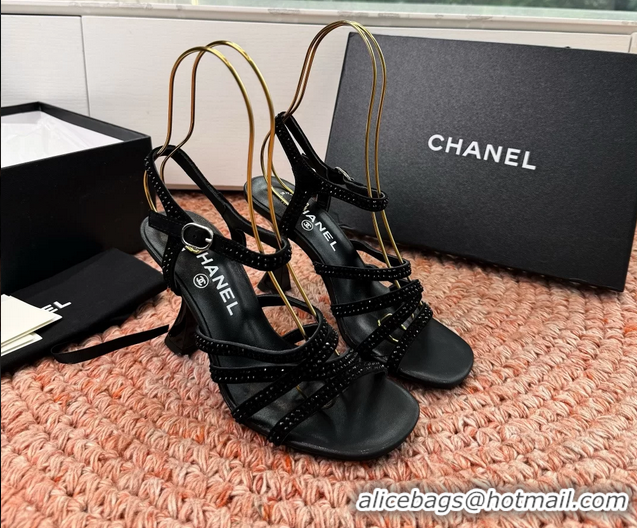 Stylish Chanel Black Suede Leather High Heeled Sandals with Studded 6052107