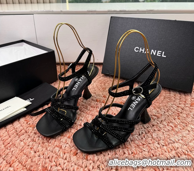 Stylish Chanel Black Suede Leather High Heeled Sandals with Studded 6052107