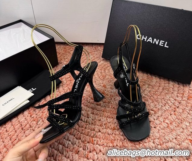 Stylish Chanel Black Suede Leather High Heeled Sandals with Studded 6052107