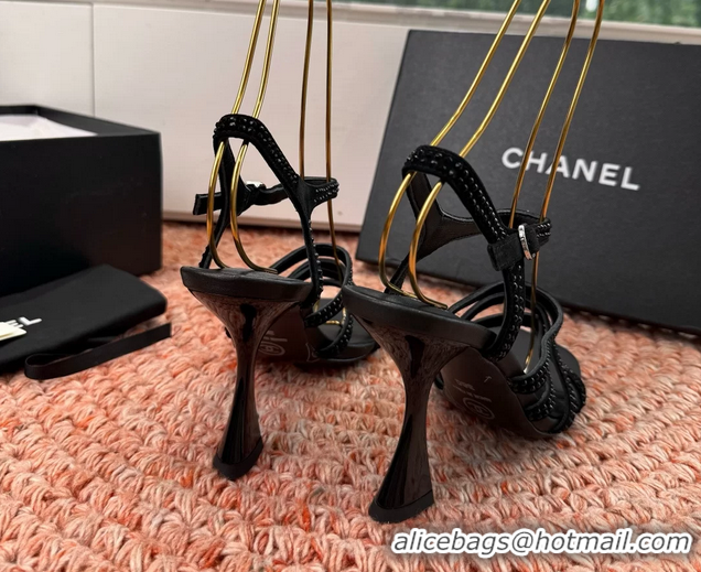 Stylish Chanel Black Suede Leather High Heeled Sandals with Studded 6052107