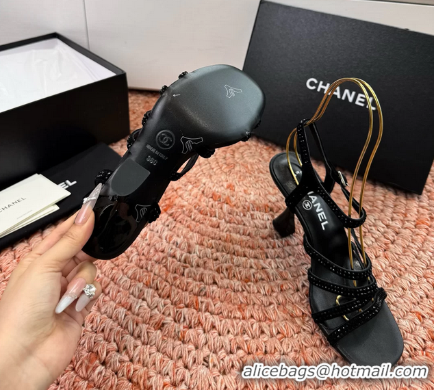 Stylish Chanel Black Suede Leather High Heeled Sandals with Studded 6052107