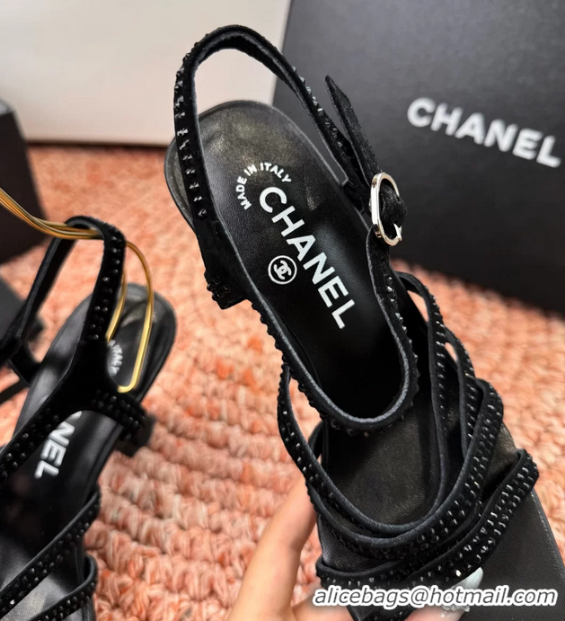 Stylish Chanel Black Suede Leather High Heeled Sandals with Studded 6052107