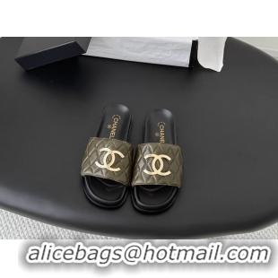 Buy Fashionable Chanel CC Logo Khaki Green Leather Flat Slides Sandals 6052108