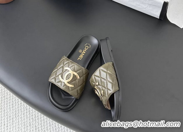 Buy Fashionable Chanel CC Logo Khaki Green Leather Flat Slides Sandals 6052108