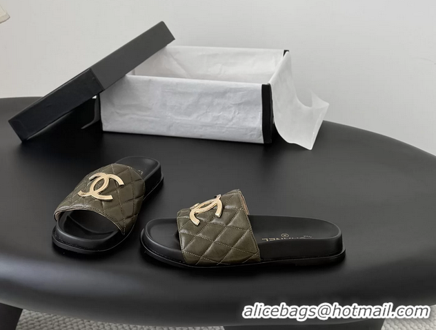 Buy Fashionable Chanel CC Logo Khaki Green Leather Flat Slides Sandals 6052108