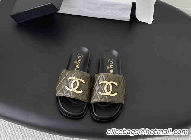 Buy Fashionable Chanel CC Logo Khaki Green Leather Flat Slides Sandals 6052108