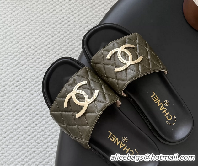 Buy Fashionable Chanel CC Logo Khaki Green Leather Flat Slides Sandals 6052108