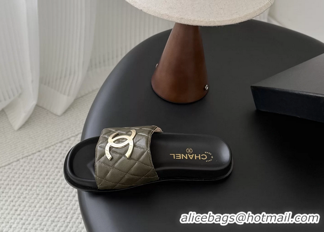 Buy Fashionable Chanel CC Logo Khaki Green Leather Flat Slides Sandals 6052108