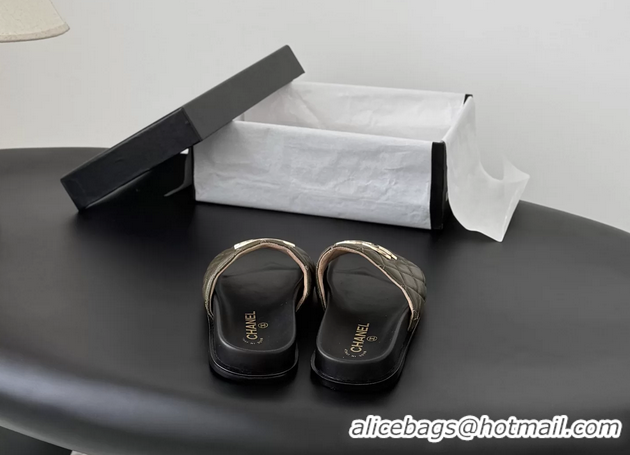 Buy Fashionable Chanel CC Logo Khaki Green Leather Flat Slides Sandals 6052108