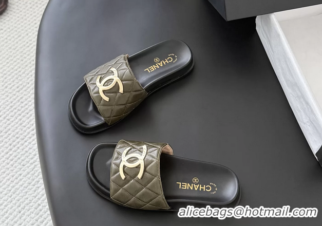 Buy Fashionable Chanel CC Logo Khaki Green Leather Flat Slides Sandals 6052108