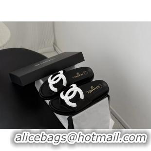 Top Quality Chanel CC Logo Black Leather Flat Slides Sandals 6052108