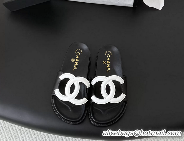 Top Quality Chanel CC Logo Black Leather Flat Slides Sandals 6052108