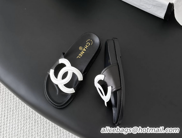 Top Quality Chanel CC Logo Black Leather Flat Slides Sandals 6052108