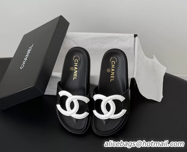 Top Quality Chanel CC Logo Black Leather Flat Slides Sandals 6052108