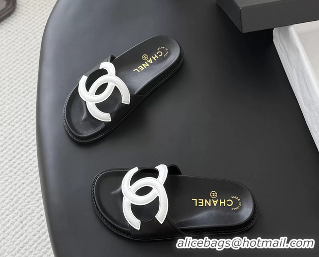 Top Quality Chanel CC Logo Black Leather Flat Slides Sandals 6052108