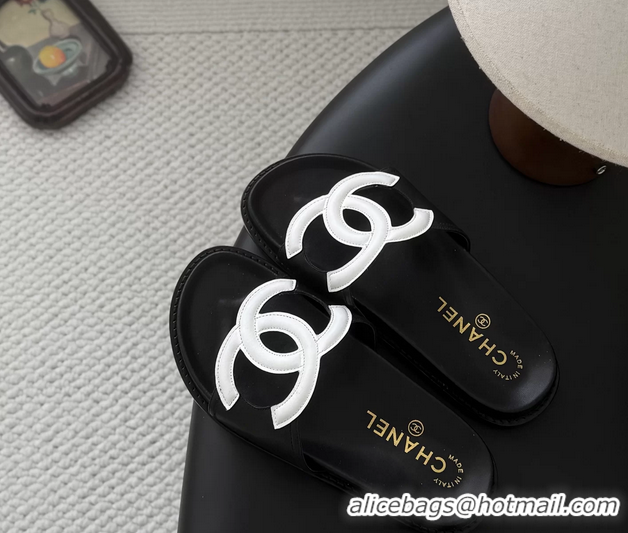 Top Quality Chanel CC Logo Black Leather Flat Slides Sandals 6052108