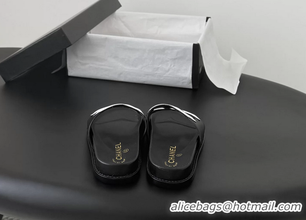 Top Quality Chanel CC Logo Black Leather Flat Slides Sandals 6052108
