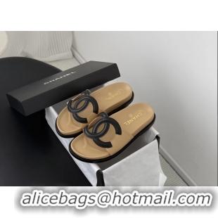 AAAAA Chanel CC Logo Beige Leather Flat Slides Sandals 6052108