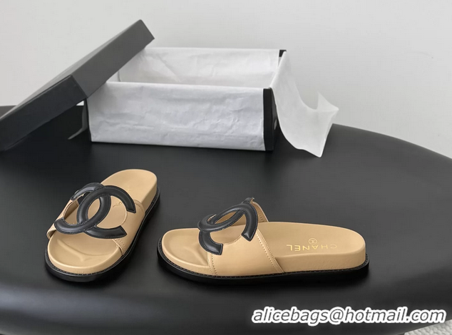 AAAAA Chanel CC Logo Beige Leather Flat Slides Sandals 6052108