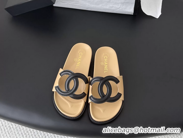 AAAAA Chanel CC Logo Beige Leather Flat Slides Sandals 6052108