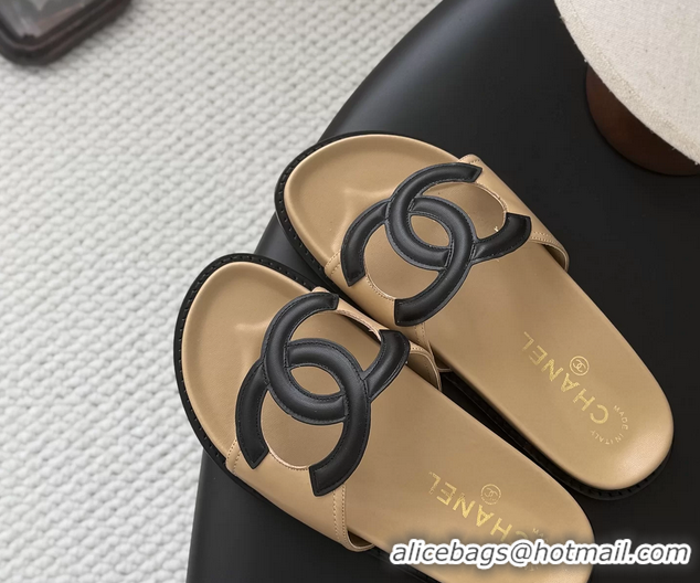 AAAAA Chanel CC Logo Beige Leather Flat Slides Sandals 6052108